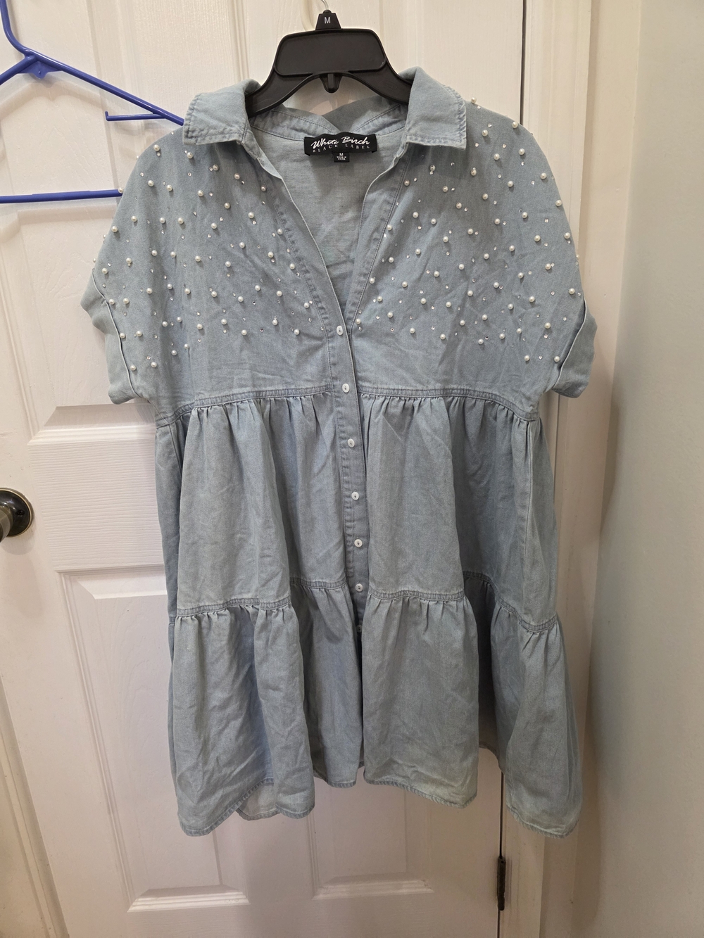 white birch Light Blue Pearl-Studded Chambray Mini Dress